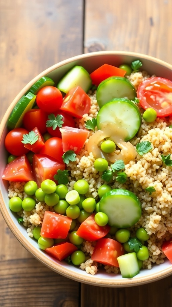A colorful quinoa bowl with edamame, cherry tomatoes, cucumber, and bell pepper, garnished with herbs.